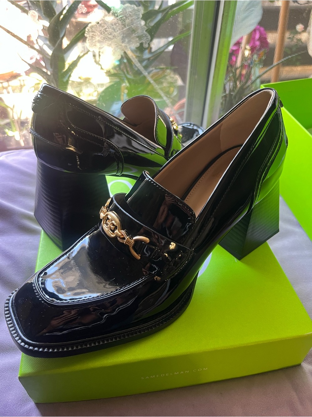 Sam Edelman Black Patent Leather Block Heel Loafers with Gold Chain